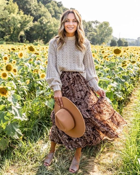 Loose Knitted Sweater and Floral Maxi Skirt