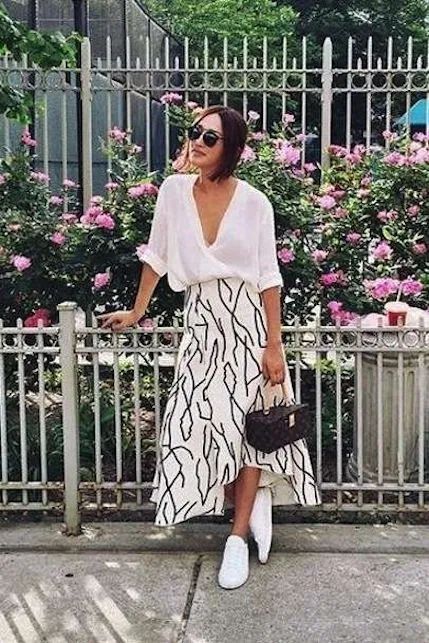 Low Blunge Blouse And Patterend Black And White Boho Skirt