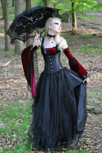 Medievel Gots, Leather Corset Off Shoulder Bell Sleeved Blouse And Black Tulle Skirt