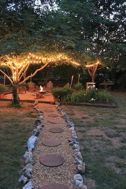 Natural Canopy Gravel Patio With Flower Pit And Gravel Path And Round Pavers