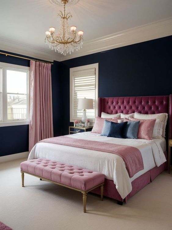 Navy Blue And Pink Bedroom With Dark Pink Tuffed Headboard