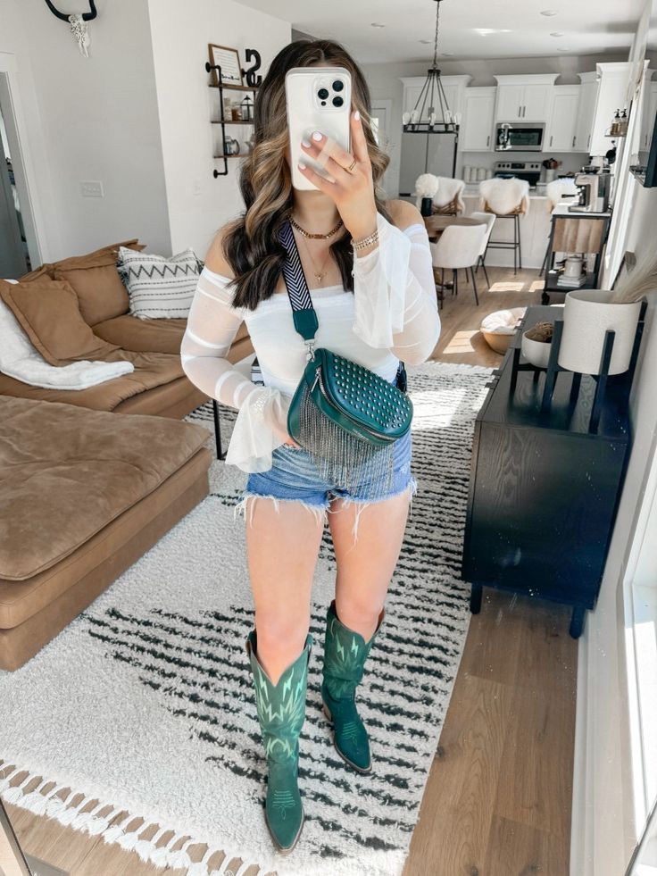 Off SHoulder Blouse with Mesh Sleeves, Denim Shorts And Green Boots