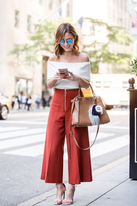 Off Shoulder Striped Blouse And Red Wide Legged Pants
