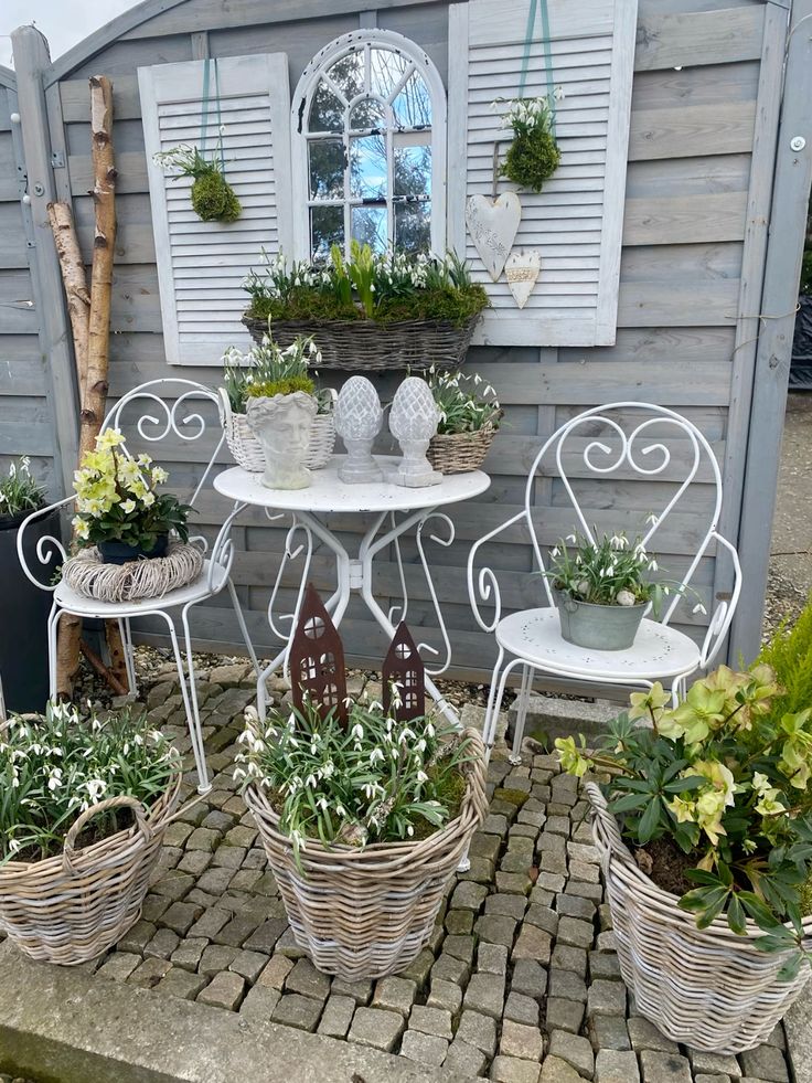 Old Chairs And Wicker Basket Planters
