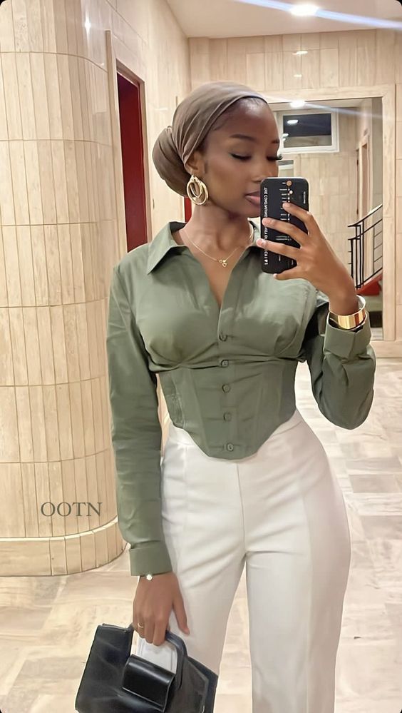 Olive Corseted Botton Down Blouse And High Waisted Straight Pants
