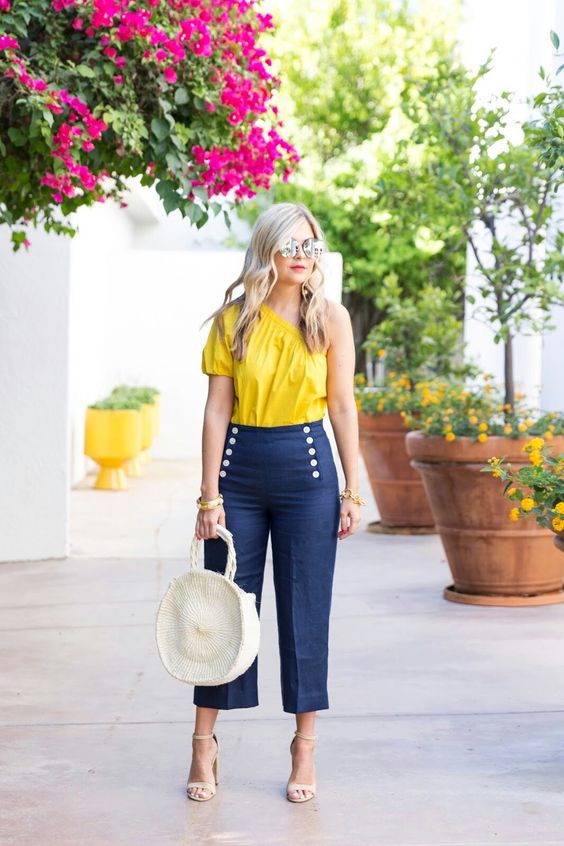One Shoulder Top And Navy Button Detail Capri Pants