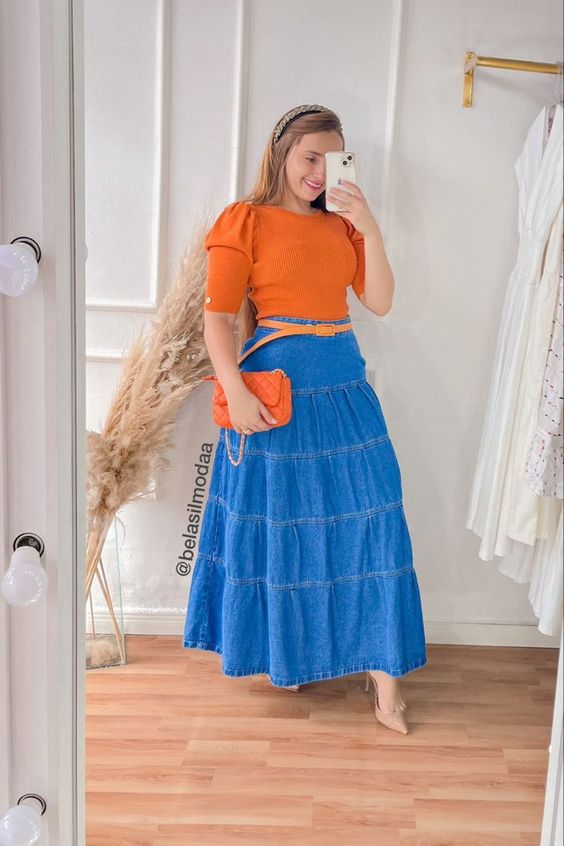 Orange Puffled Elbow Lenght Sleeved Sweater With Denim Maxi Shirt