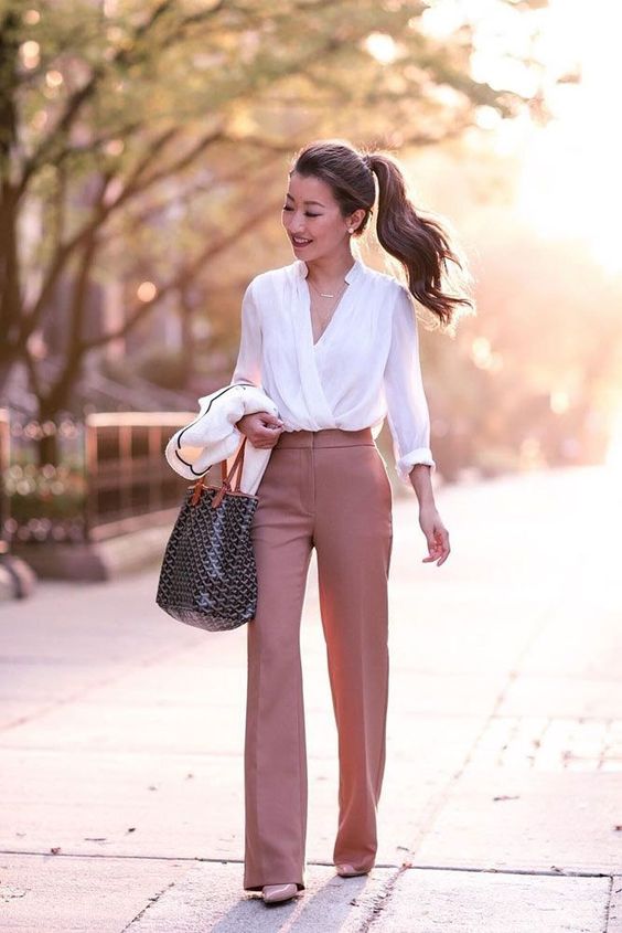 PInk Wide-Legged Business Pants And White Overlap Shirt