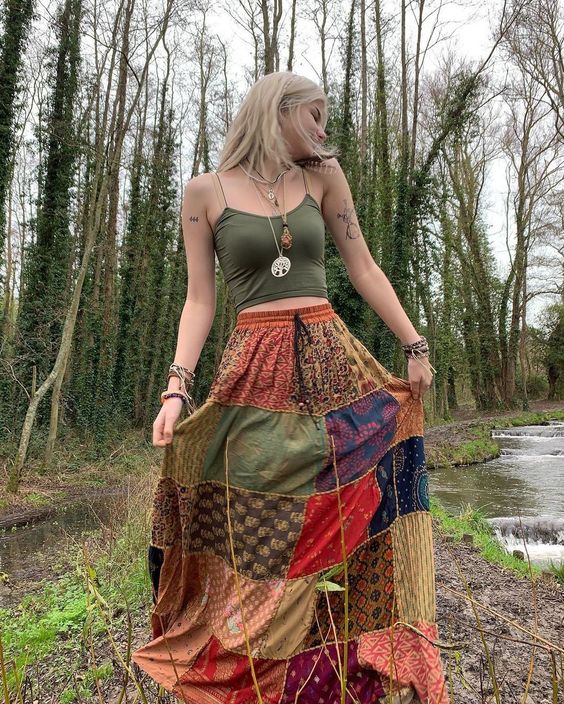 Patchwork Maxi Skirt And Spaghetty Strap Olive Top