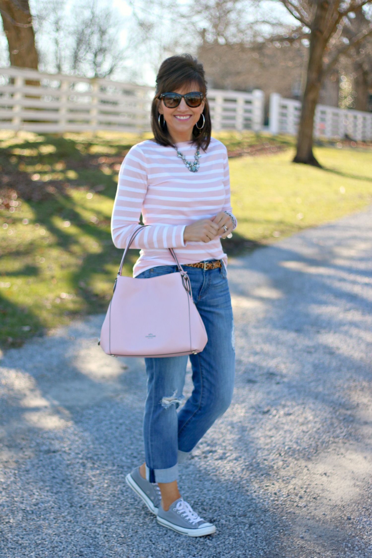 Pink And White Stripped Blouse, Cuff Jeans And Sneakers