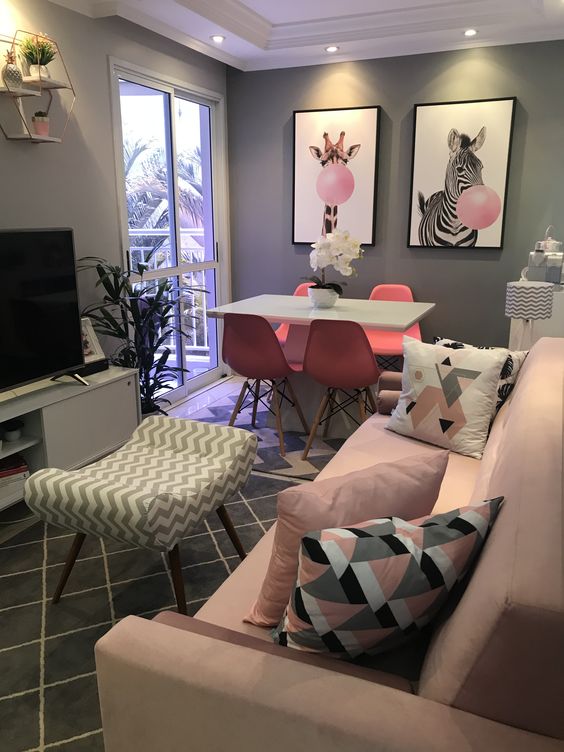Pink Furniture Living Room With Gray Walls