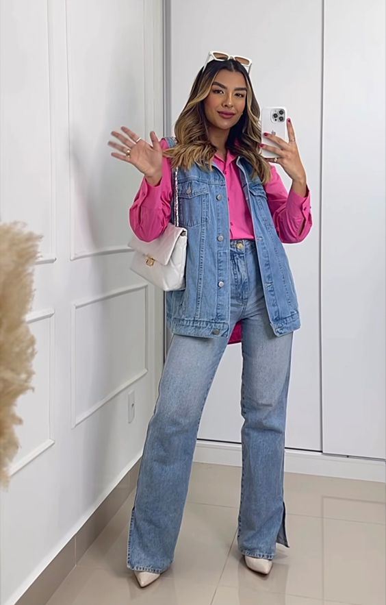 Pink Shirt, High Rise Jeans And Large Denim Vest