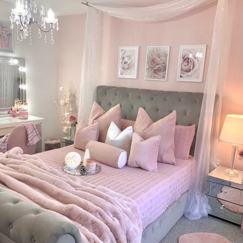 Pink Wall Bedroom With Gray Tuffed Bed Pale Pink Curtain