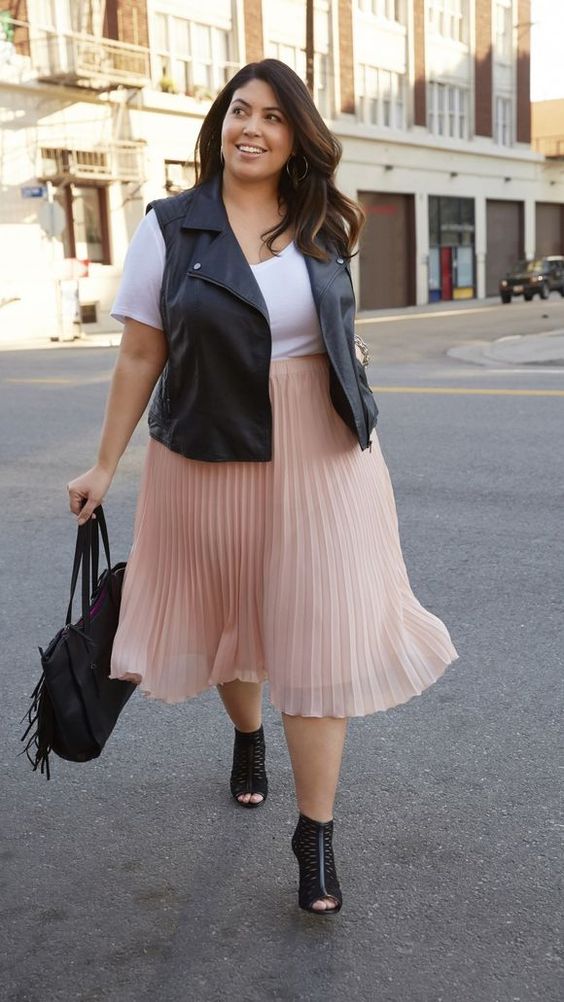 Pleated Midi Skirt, Tee And Leather Vest