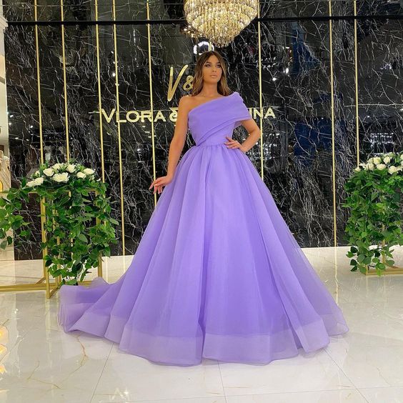 Purple Ball Gown With One Shoulder Tulle Sash