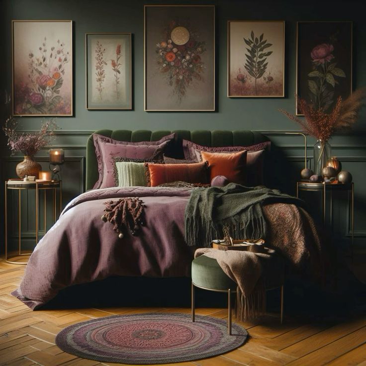Purple Green And Orange Bedroom With Gold Accents