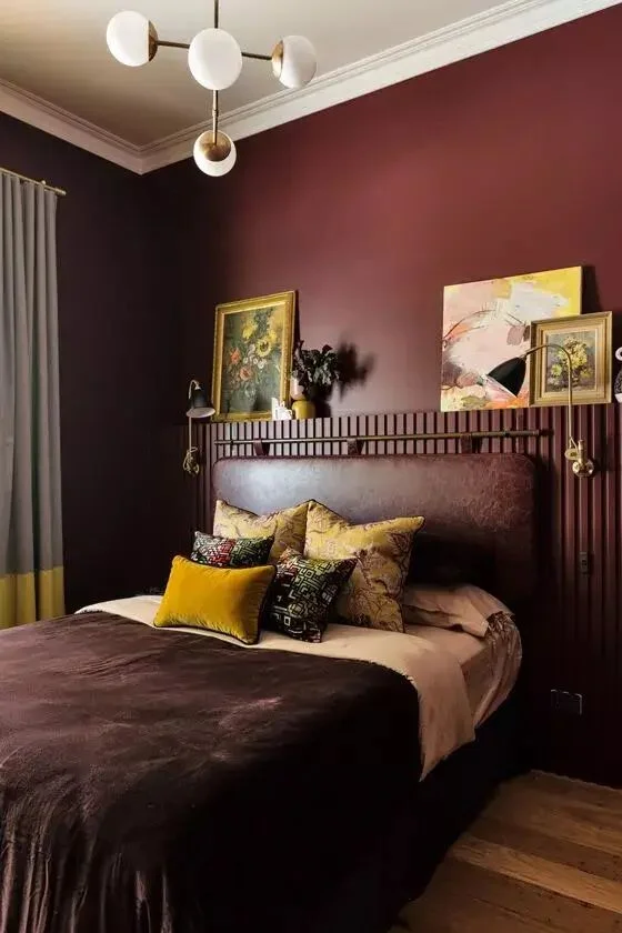 Reddish Brown wall Color Queen Size Bed With Headboard