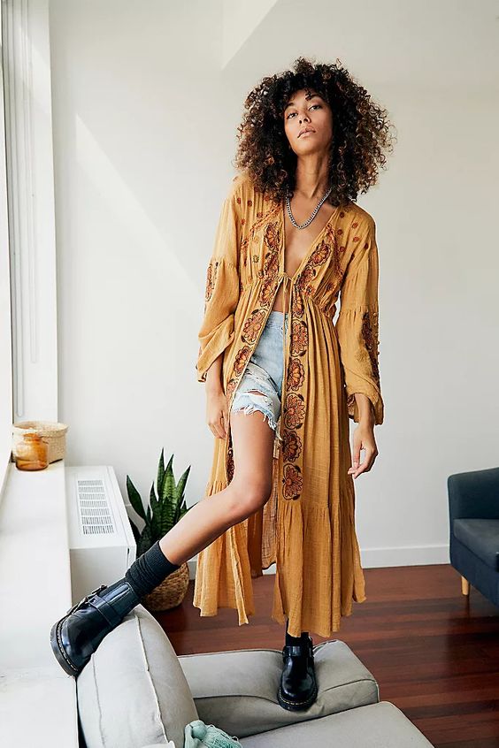 Ripped Short And Orange Linen Duster With Floral Details