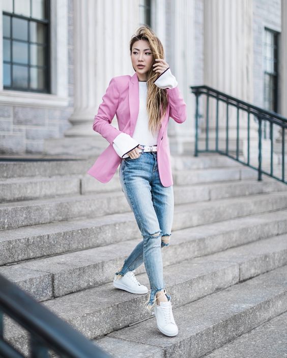 Ripped Skinny Jeans, White Long Sleeved Blouse And Pinj Blazer