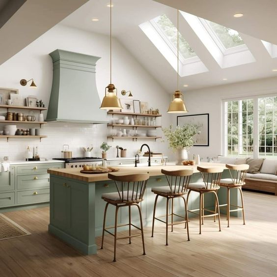 Sage Green Cabinets And Kitchen Island With Wood Countertops And Open Shelves