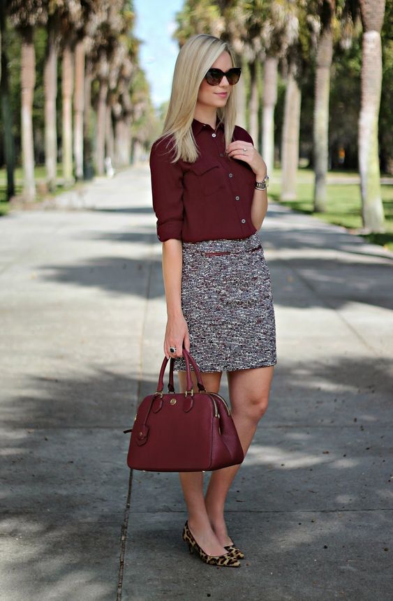 Scarlet Red Botton Down Shirt And Gray Textured Mini Skirt