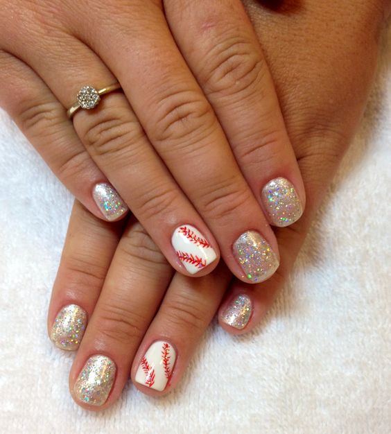 Short Holographic Glitter Nails with White Basebal Stich Accent
