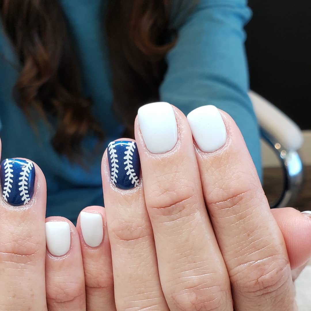 Short White Nails With Blue Base White Stich Accent