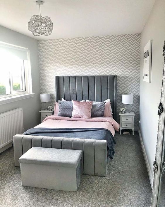 Small Bedroom Gray And Whitite Walls With Tuffed Bed And PInk Bedign