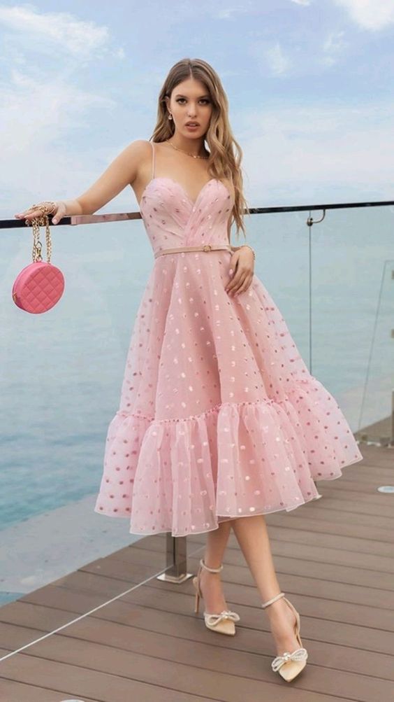 Spaghetti Strap Pink Polka Dot Tea-Lenght Dress With Heart Neckline