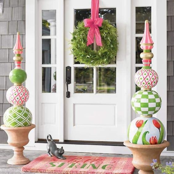 Spring Decor With Painted Stacked Orbs In Flower Pots