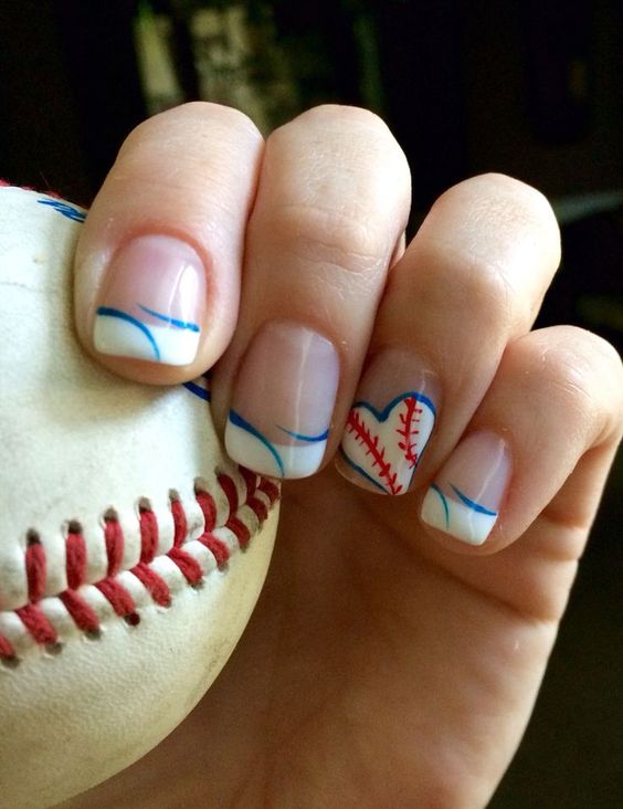 Square Nails French Mani With Baseball Heart Accenst NAil