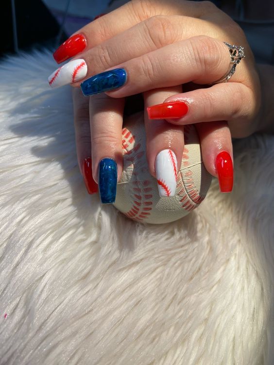 Square Red And Blue Nails With baseball Stich Accent