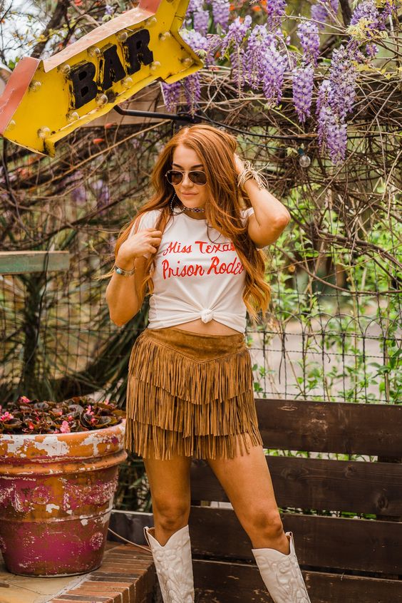 Suede Leather Fringe Mini Skirt And Printed Tee