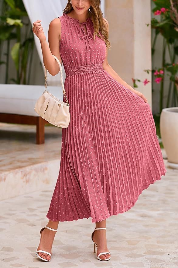 Tie Neck Pleated A-Line Maxi Dress