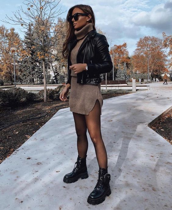 Turtle Sweater Mini Dress, Stockings Doc Martens And Leather Jacket