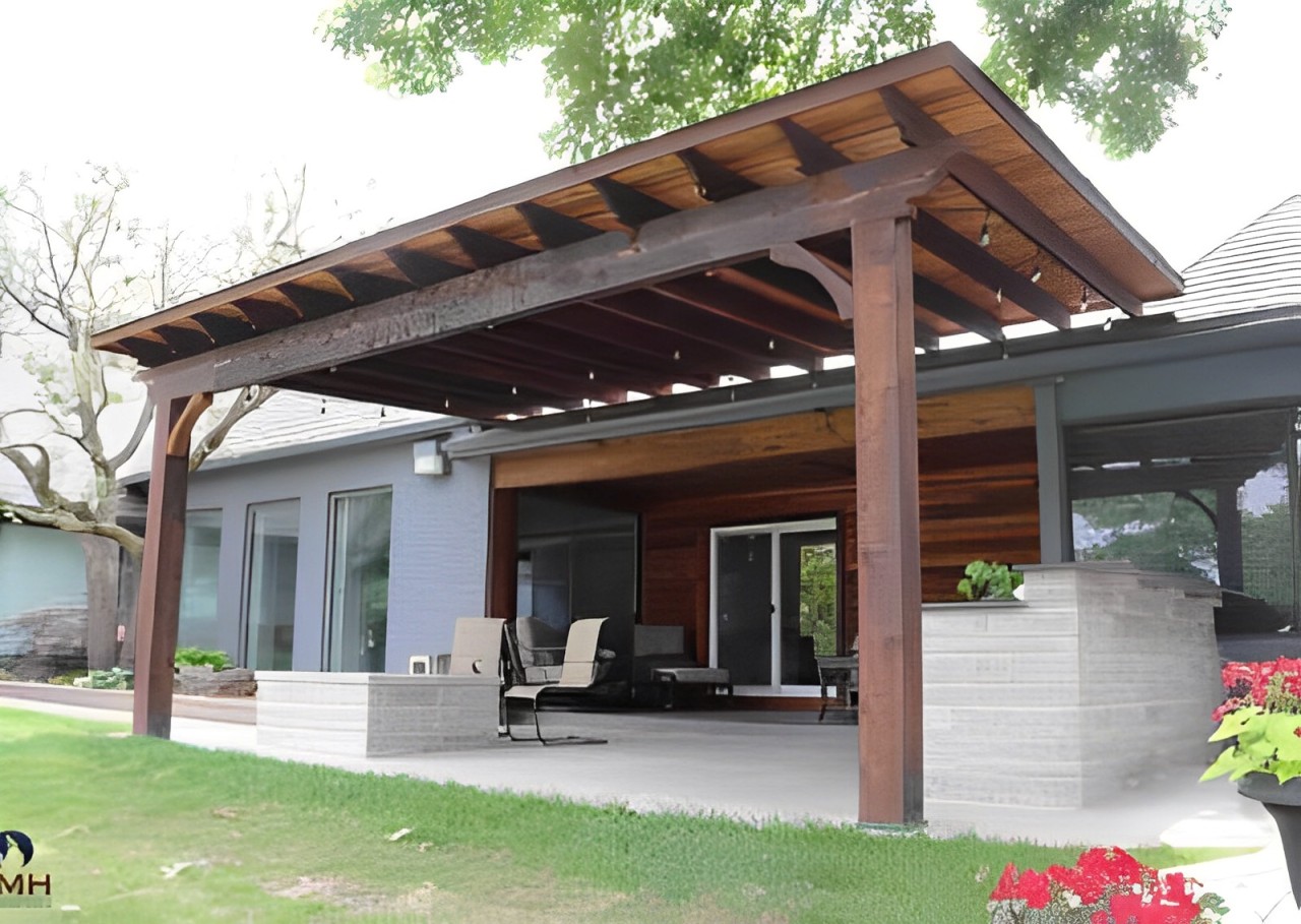 Upward tilted Pergola With Wooden Beams And Wood Plank Roof