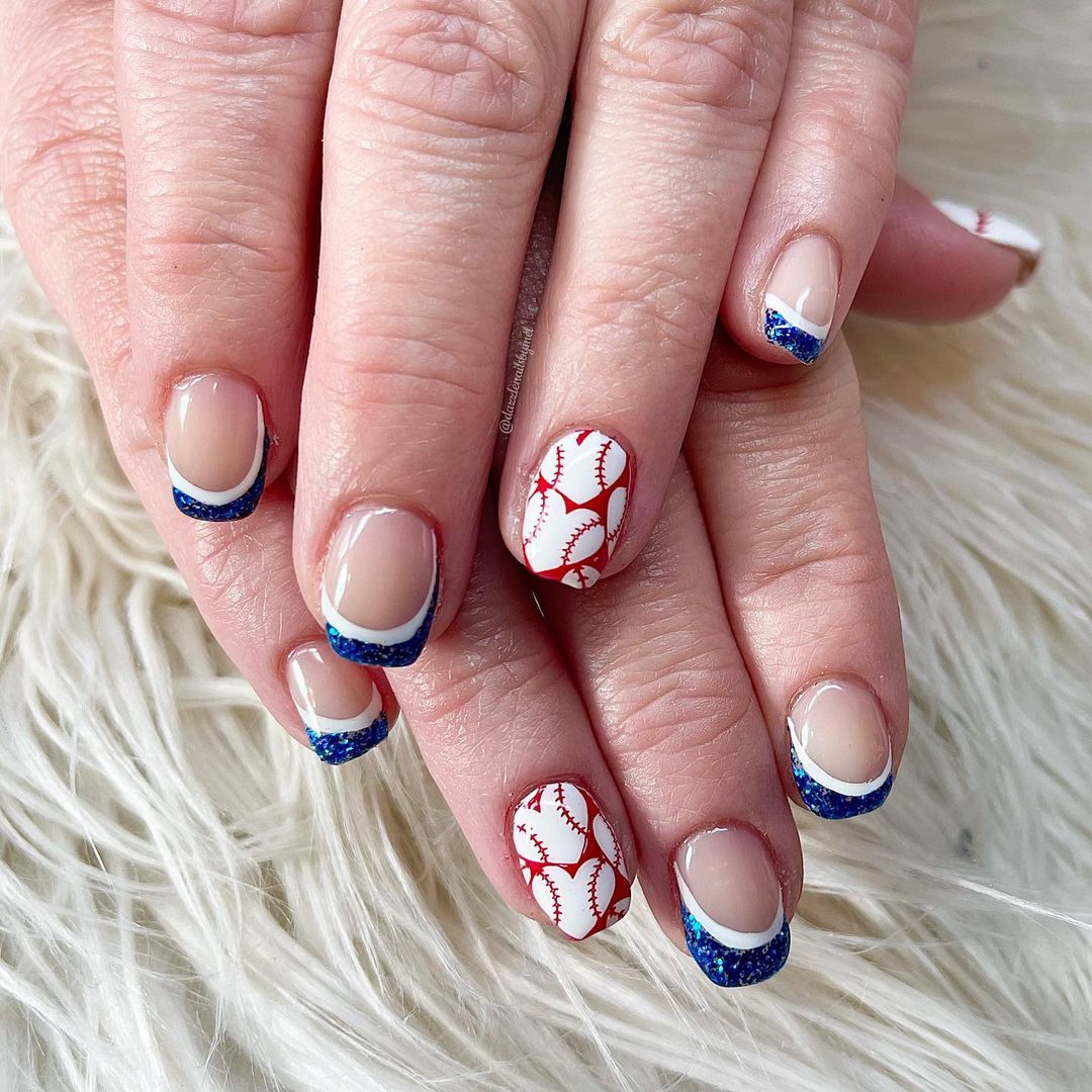 White And Glitter Blue French Mani With Red Baseball Stich Hearts Accent