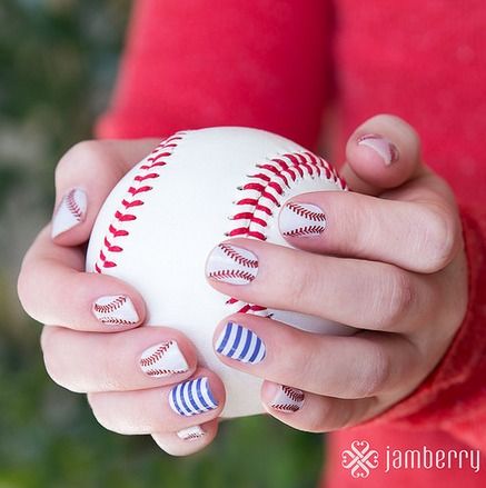 White Baseball Stich Nails With Blue and White Stripe Accent Nail