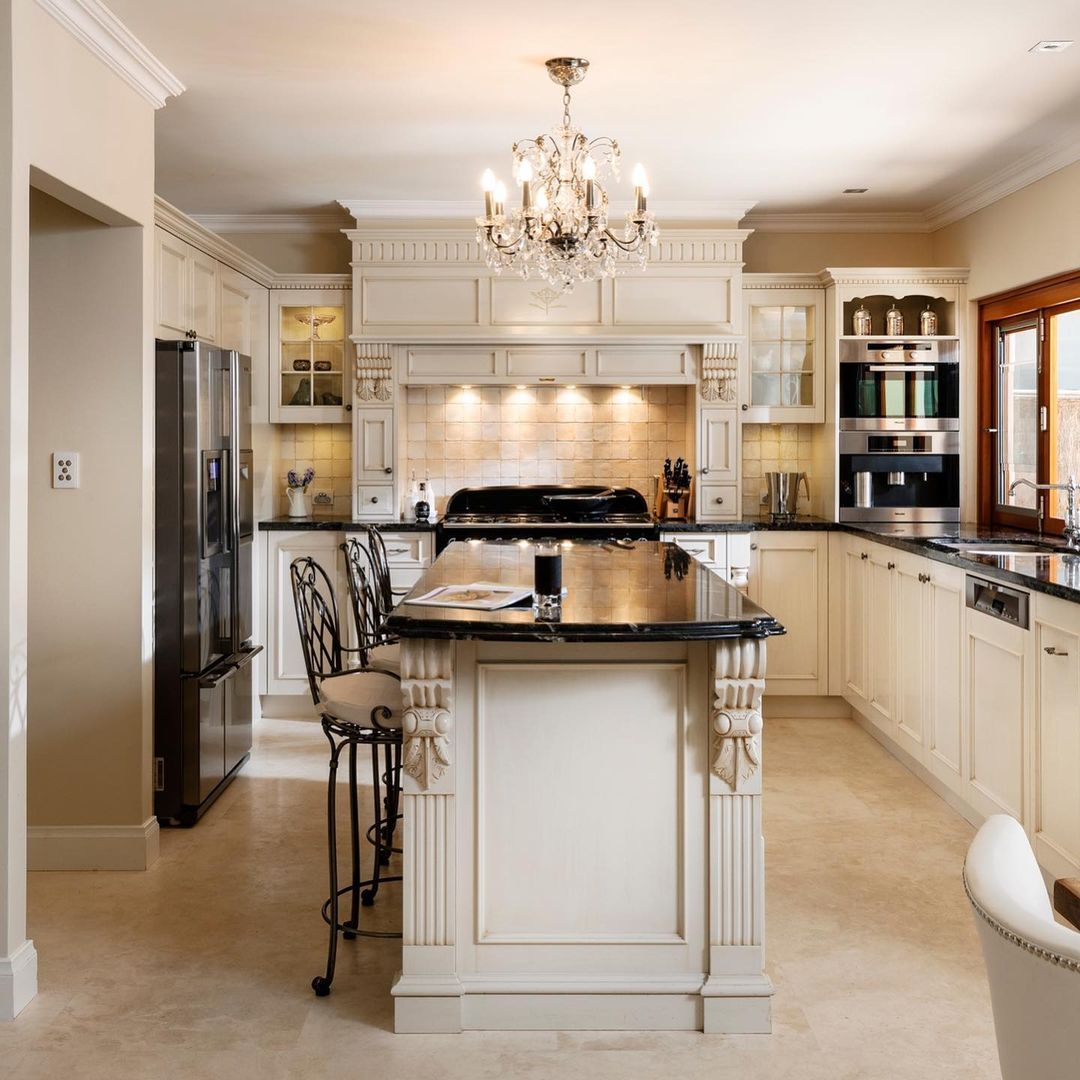White Cabinets And Black Countertops, Kitchen Island Anc Hanging Chandelier