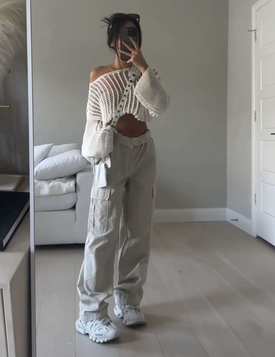 White Cargo Pants, White Mesh Crop Top And White Sneakers