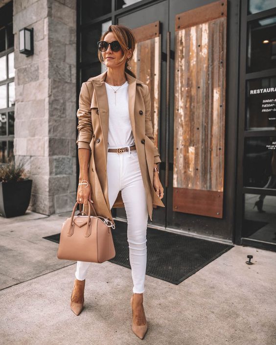 White Jeans, White Top And Baige Trench Coat