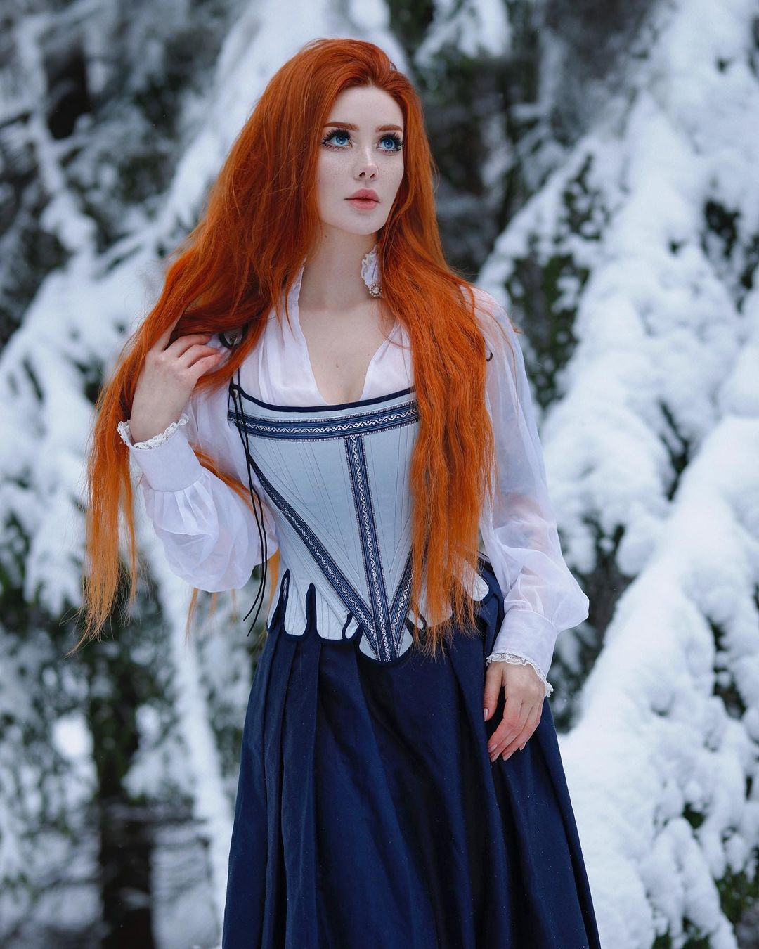 White Shirt With Blue Ridged COrset And Blue Skirt