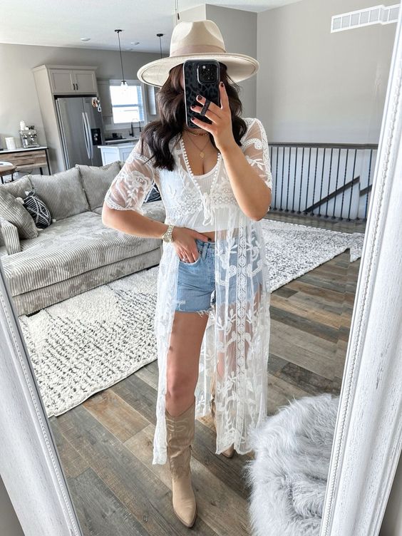 White Tank Top, Denim Shirts And Mesha Lace Duster