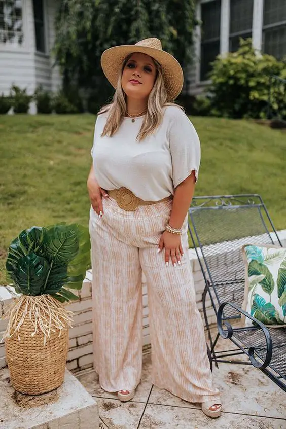 White Tee and Belted Wide-Legged Pants