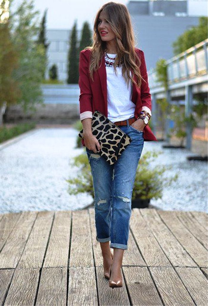 White Top, Ripped Jeans, Red Blazer And Lepard Print Clutch