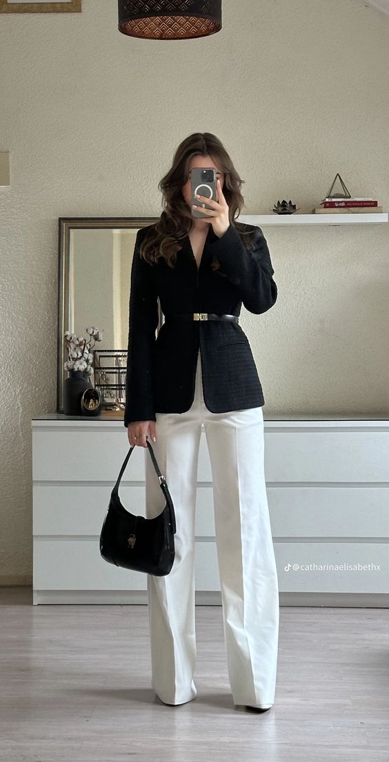 White Wide Legged Pants And Black Blazer With Belt