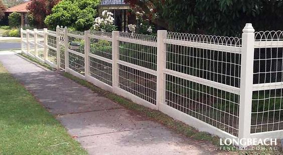 White Wood Balusters And Rails With Hog Wire And Arced Picket