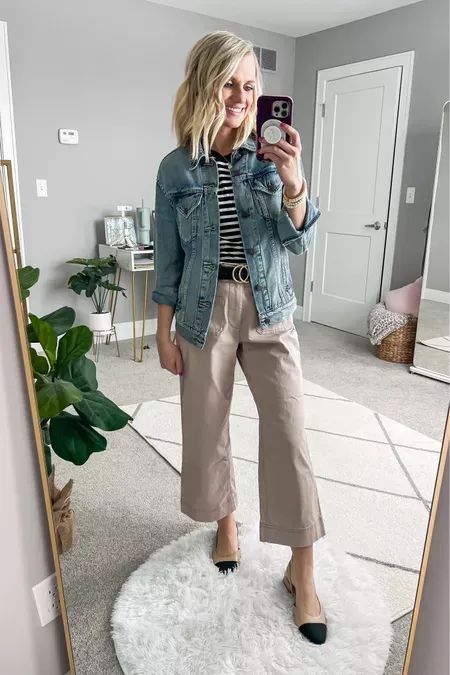 Wide Legged Cropped Pants, Striped Shirt And Denim Jacket