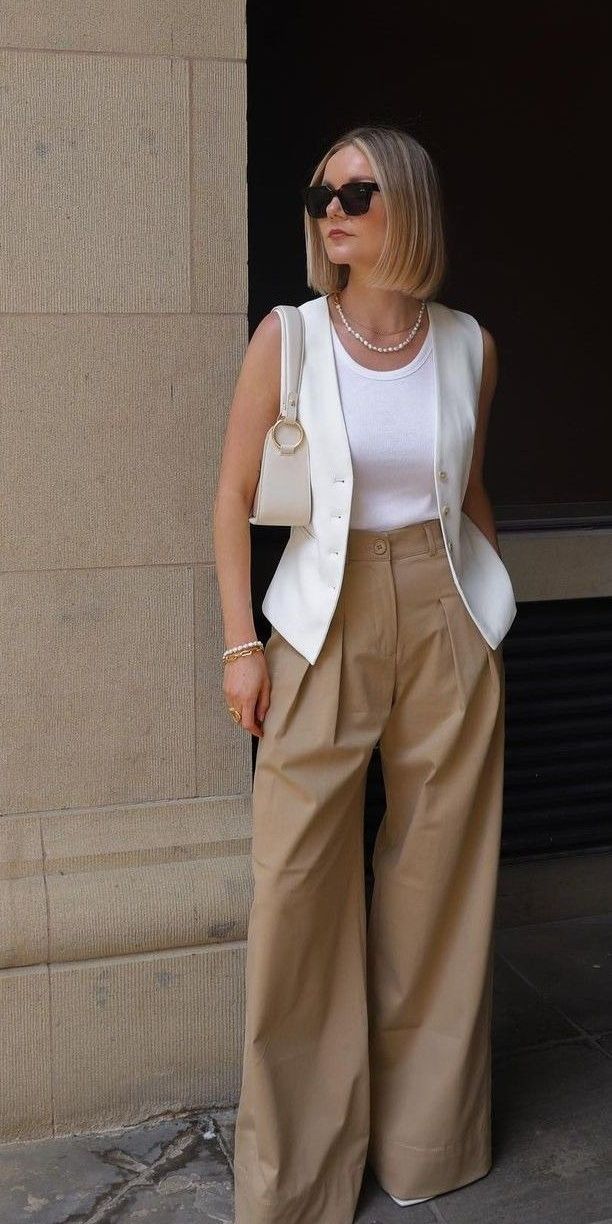 Wide Legged Dress Pants, White Top And Vest