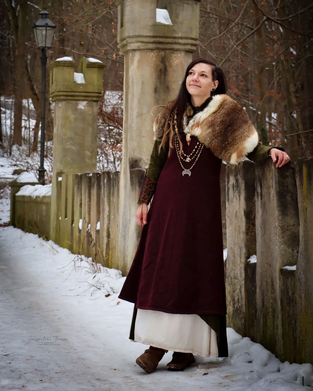 Wine Red Winter Gown With animal Pelt Cowl